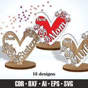 15 Family Valentine&#39;s Day Decorations SVG. 15 designs with hearts. Multi-layer decorations for 3, 4, 5, 6 mm plywood. Laser Cut Vector files