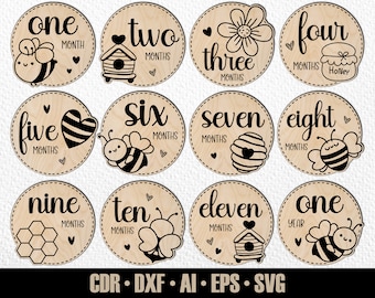 12 Hand Drawn Monthly Baby Bee Milestones SVG. Set from months to one year. Digital Cut File. Glowforge SVG photo markers