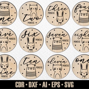 12 hitos mensuales de animales bebés dibujados a mano SVG. Conjunto desde meses hasta un año. Archivo de corte digital. Marcadores de fotos SVG de Glowforge