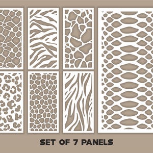 Puede incluir: Un conjunto de siete paneles decorativos con varios diseños de estampados de animales, incluyendo diseños de jirafa, cebra, leopardo y piel de serpiente. Los paneles son blancos con patrones recortados, sobre un fondo neutro. El texto "SET OF 7 PANELS" está en la parte inferior.