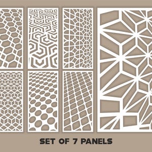 May include: Set of 7 white decorative panels with various geometric patterns, including hexagons, circles, and cubes. The panels are arranged on a light brown background. The text "SET OF 7 PANELS" is displayed at the bottom.
