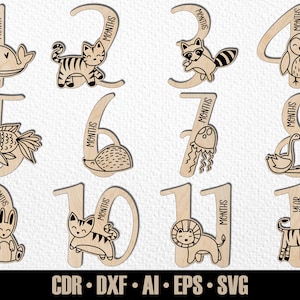 12 jalons mensuels dessinés à la main pour bébés animaux des bois Woodlans SVG. De quelques mois à un an. Fichier de découpe numérique. Marqueurs photo Glowforge SVG