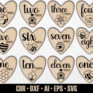 12 étapes mensuelles dessinées à la main pour bébé abeille SVG. De quelques mois à un an. Fichier de découpe numérique. Marqueurs photo Glowforge SVG