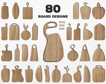 Puede incluir: Una colección de 80 diseños de tablas de madera de varias formas y tamaños. Las tablas son de color marrón claro con vetas de madera visibles, incluyendo tablas de cortar y tablas de servir. El texto en la imagen dice "80 BOARD DESIGNS" con opciones de tipo de archivo.