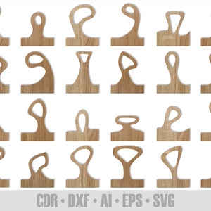 Może przedstawiać: Zestaw 24 drewnianych kształtów wyciętych z różnymi abstrakcyjnymi wzorami. Kształty są wszystkie brązowe i mają fakturę drewna. Kształty są wszystkie różne i mają różne krzywe i kąty.