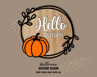 Hello Pumpkin Round Door Hanger SVG, Autumn Welcome Sign (Digital Download)