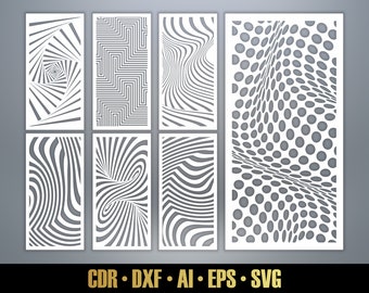 Plantillas de panel de patrones de ilusión óptica SVG Set #25. 7 archivos vectoriales, para corte láser. Divisor de habitación SVG. Panel decorativo DXF