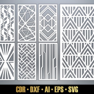 幾何学的な未来的なパネル テンプレート SVG。レーザー カット用の 7 つのベクター ファイル。モダンな未来的な部屋の仕切り SVG。装飾パネル DXF