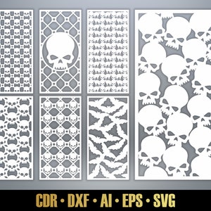 Mystical Panel Templates SVG Set #27. Skull, Bat, Black Cat. 7 vector laser cutting files. Room Divider with SkullnSVG. Decorative Panel DXF