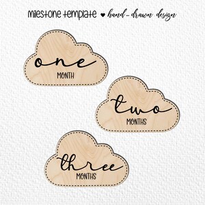 SVG com 12 marcos mensais do bebê. Marcos com nuvens. De meses a um ano. Marcadores de fotos. Arquivo de corte digital. Arquivo SVG para Glowforge.
