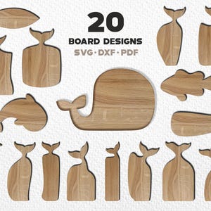 Pode incluir: Uma coleção de 20 designs de tábuas de madeira em várias formas, incluindo peixes, baleias e estilos de tábuas de corte. O texto "20 BOARD DESIGNS SVG.DXF.PDF" é exibido em preto. As tábuas são castanho claro com grão de madeira.