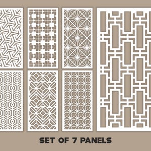 May include: A set of seven white decorative panels with geometric cut-out patterns. The panels showcase diverse designs, such as hexagons, stars, and interlocking shapes. The text "SET OF 7 PANELS" is visible at the bottom of the image.