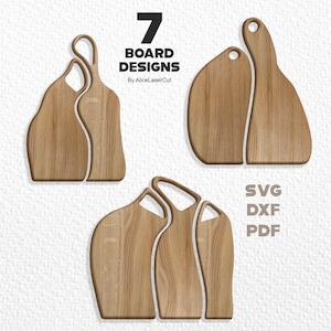 Könnte beinhalten: Verschiedene Holz-Schneidebrett-Designs in verschiedenen Formen. Das Bild zeigt sieben verschiedene Brettdesigns mit Griffen und einzigartigen Konturen. Der Text auf dem Bild lautet "7 Board Designs" und "SVG DXF PDF".