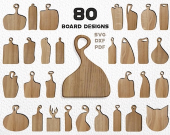 Puede incluir: Una colección de 80 diseños de tablas de madera de varias formas y tamaños. Las tablas son de color marrón claro con diferentes estilos de asas y diseños recortados. El texto de la imagen dice "80 BOARD DESIGNS" con opciones de tipo de archivo: SVG, DXF y PDF.