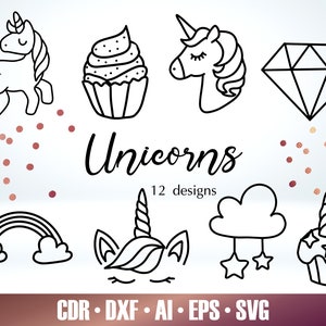 12 contornos de unicornio SVG - Paquete de unicornio SVG para Glowforge - Archivo de corte láser de unicornio - Glowforge Svg - Archivo de unicornio de Cricut