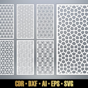 幾何学模様パネル テンプレート SVG セット #46。レーザーカット用の 7 つのベクター ファイル。部屋の仕切り SVG。装飾パネル DXF