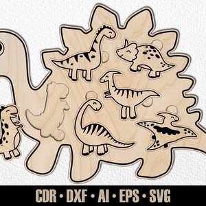 Puzzle bébé dinosaures pour tout-petit SVG. Jeu de développement découpé au laser pour bébé. Jouet éducatif pour tout-petits. Jeu Montessori. Forge luminescente Montessori.