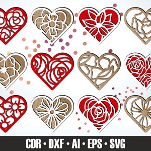 HAND-DRAWN Valentine&#39;s Day Decorations SVG Set #15. Heart Coasters Glowforge. Valentine&#39;s Day Gift Laser Cut. Vector Hearts