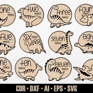 12 étapes mensuelles dessinées à la main de bébé dinosaure SVG. De quelques mois à un an. Marqueurs photo dinosaures. Fichier de découpe numérique. Fichier SVG Glowforge