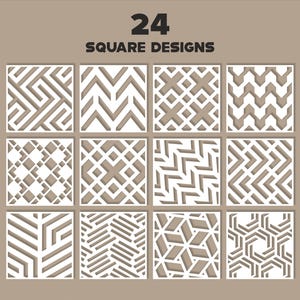 Könnte beinhalten: Eine Sammlung von 24 quadratischen Designs mit weißen geometrischen Mustern auf beigem Hintergrund. Das Raster zeigt verschiedene lineare, winklige und ineinandergreifende Formen, darunter Zickzacklinien, Rauten, Sechsecke und parallele Linien.