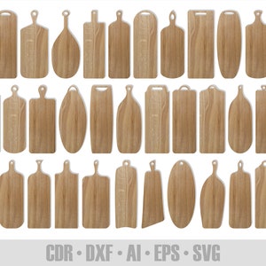 36 SVG-sjablonen voor snijplanken | Lasergesneden bestanden voor CNC, Glowforge, Cricut | Keukensnijbord DXF-vectorbundel