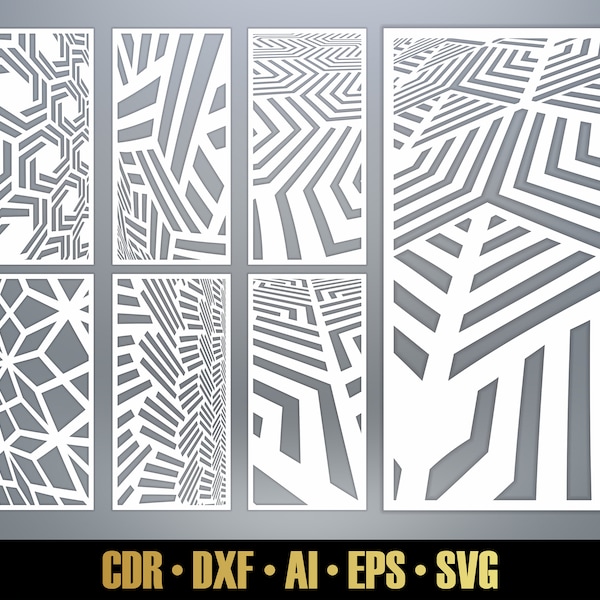 Plusieurs motifs déformés SVG. Modèles de panneaux. 7 fichiers vectoriels, pour découpe laser. Diviseur de pièce futuriste moderne SVG. Panneau décoratif DXF