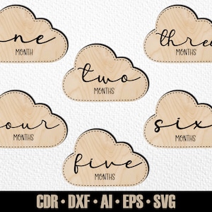 12 jalons mensuels pour bébé SVG. Jalons de nuages. De quelques mois à un an. Marqueurs photo. Fichier de découpe numérique. Fichier SVG Glowforge