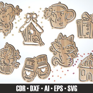 8 HANDGEZEICHNETER Weihnachtsschmuck SVG. Laser Cut Christbaumschmuck. Urlaub Dekor. Holzornamente