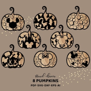 May include: A set of eight black pumpkin-shaped silhouettes with intricate cut-out designs including mouse ears, bows, bats, spider webs, and a castle. The text reads Hand-drawn 8 PUMPKINS PDF SVG DXF EPS AI. These graphic designs feature a wood grain texture.