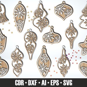 15 Christmas decorations SVG. Laser Cut Christmas Tree Ornaments. Multi-layer Decor. Glowforge Christmas. Holiday Decor. Wooden Ornaments