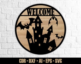 Welcome Castle Halloween Door Sign SVG. Halloween Laser Cut Files, Laser Artwork, Vector File, Wood Cutting dxf, eps, ai, pdf