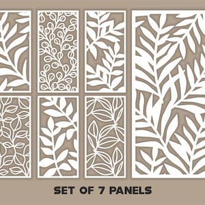 May include: Set of 7 decorative panels with white leaf designs. The panels feature various botanical patterns, including leaves and vines, cut out against a neutral background. The text "SET OF 7 PANELS" is displayed at the bottom.