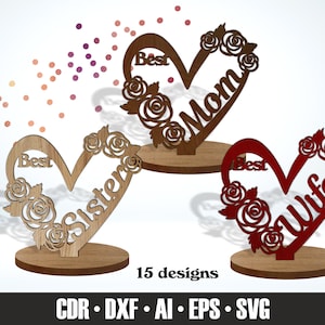15 Family Valentine&#39;s Day Decorations SVG. 15 designs with hearts. Heart decorations for 3, 4, 5, 6 mm plywood. Laser Cut Vector files