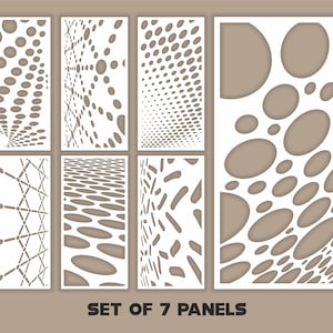 Puede incluir: Conjunto de 7 paneles decorativos con varios patrones geométricos. Los paneles presentan diseños recortados en blanco, con un fondo marrón neutro. Los patrones incluyen puntos, círculos y formas abstractas. El texto "SET OF 7 PANELS" se muestra en la parte inferior.