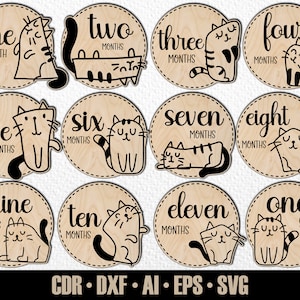 12 pietre miliari mensili disegnate a mano per gattini SVG. Impostate da mesi a un anno. File di taglio digitale. Marcatori fotografici Glowforge SVG