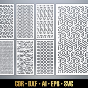 幾何学模様パネル テンプレート SVG セット #2。レーザーカット用の 7 つのベクター ファイル。部屋の仕切り SVG。装飾パネル DXF