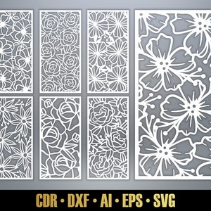 花柄パネル テンプレート SVG セット #30。7 つのベクター レーザー カット ファイル。葉っぱの部屋の仕切り SVG。装飾パネル DXF