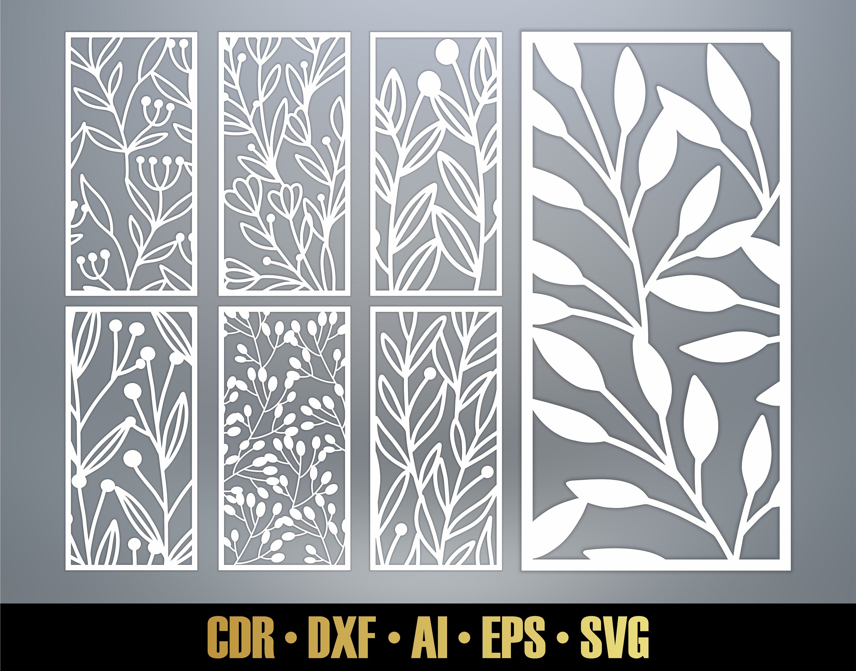 Floral Patterns Panel Templates SVG Set #33. 7 vector laser cutting files. Leaf Room Divider SVG. Decorative Panel DXF