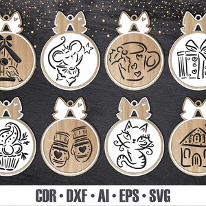 8 HANDGEZEICHNETER Weihnachtsschmuck SVG. Laser Cut Christbaumschmuck. Mehrschichtige Ornamente. Urlaub Dekor. Holzornamente