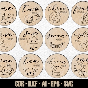 12 événements OVNI mensuels dessinés à la main SVG. De quelques mois à un an. Fichier de découpe numérique. Marqueurs photo Glowforge SVG