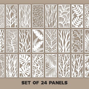 Puede incluir: Un conjunto de 24 paneles decorativos blancos con varios diseños calados inspirados en la naturaleza. Los paneles presentan patrones de hojas, ramas y formas abstractas. El texto "SET OF 24 PANELS" se muestra en la parte inferior.