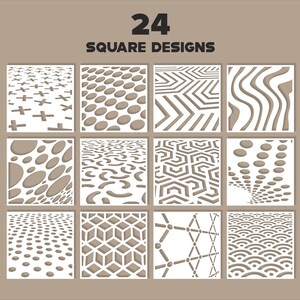 May include: A collection of 24 square designs featuring various geometric patterns in brown and white. The grid displays shapes including crosses, circles, chevrons, waves, hexagons, cubes, and arcs, all presented with a consistent depth effect.