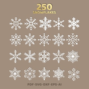 May include: A collection of 250 white snowflake designs on a brown background. The snowflakes vary in shape and size, with intricate details. The image also includes the text "250 SNOWFLAKES" and file type information.