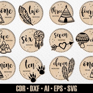 12 jalons mensuels dessinés à la main pour bébé Woodland Baby SVG. De quelques mois à un an. Marqueurs photo. Fichier de découpe numérique. Fichier SVG Glowforge