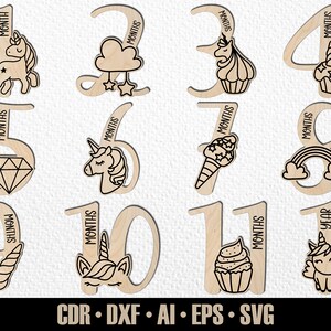 12 jalons mensuels de licorne dessinés à la main SVG. De quelques mois à un an. Fichier de découpe numérique. Marqueurs photo Glowforge SVG