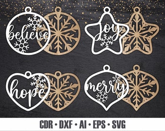 8 Multi-layered Christmas decorations SVG. Laser Cut Christmas Tree Ornaments. Multi-layer Decor. Glowforge Christmas. Wooden Ornaments