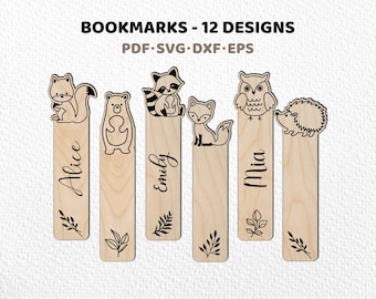 12 Personalized Forest Animal Bookmarks SVG Bundle | Woodland Laser Cut Bookmarks with Name Engraving
