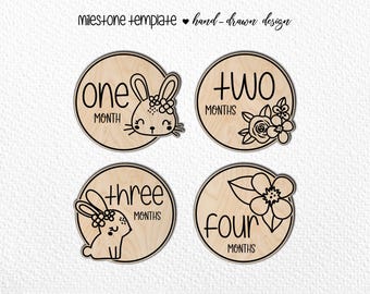 Bunny Baby Milestone SVG, Hand Drawn Monthly Markers (Digital Cut File). Glowforge SVG photo markers