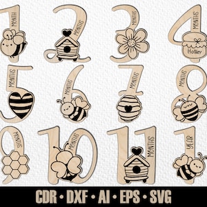 12 étapes mensuelles dessinées à la main pour bébé abeille SVG. De quelques mois à un an. Fichier de découpe numérique. Marqueurs photo Glowforge SVG