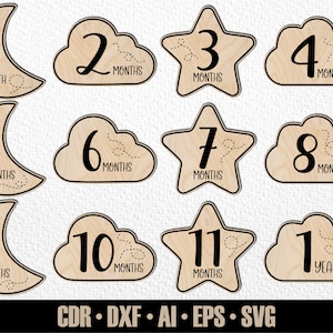 12 jalons mensuels pour bébé SVG. Nuages, lune, jalons d'étoiles. De quelques mois à un an. Marqueurs photo. Fichier de découpe numérique. Fichier SVG Glowforge
